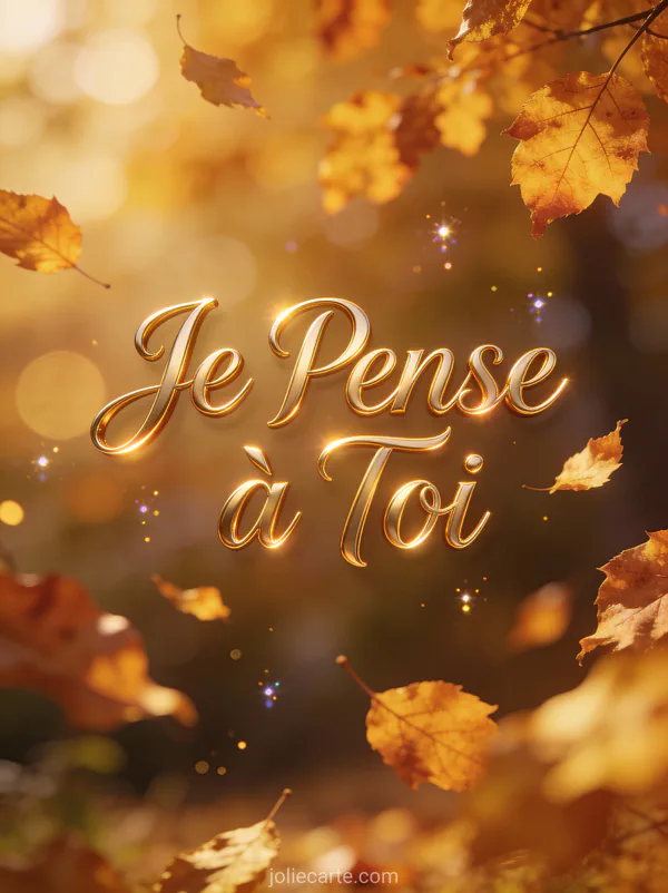 Feuilles d'automne dorées tombant doucement avec le texte Je Pense à Toi en lettrage or sophistiqué