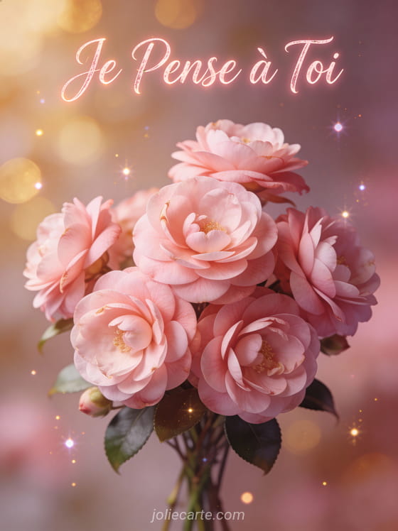 Camélias roses aux pétales délicats avec le texte Je Pense à Toi en rose poudré romantique