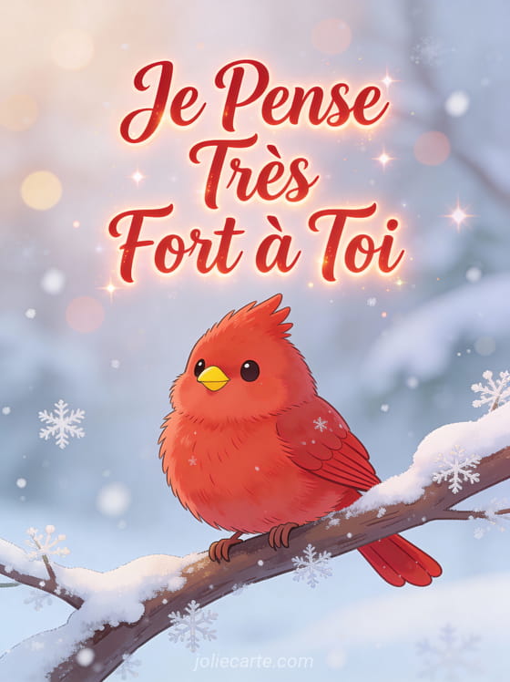 Cardinal rouge sur branche enneigée avec le texte Je Pense Très Fort à Toi en rouge cerise
