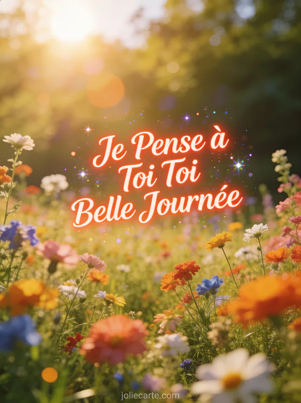 Champ de fleurs sauvages colorées au soleil avec le texte Je Pense à Toi Belle Journée en corail