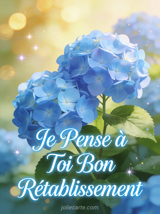 Hortensias bleus apaisants avec lumière douce et le texte Je Pense à Toi Bon Rétablissement