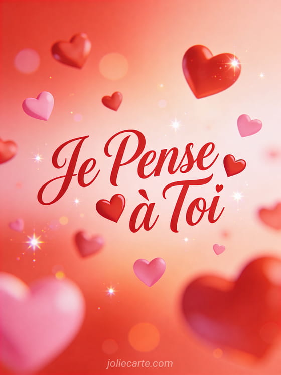 Cœurs rouges et roses flottants de différentes tailles avec le texte Je Pense à Toi en rouge vif