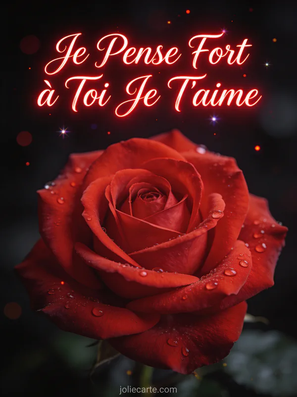 Rose rouge en gros plan avec pétales parfaits et gouttes de rosée et le texte Je Pense Fort à Toi Je T'aime