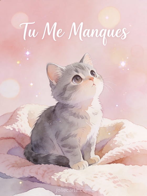 Adorable chaton gris aux grands yeux tristes assis sur une couverture avec le texte Tu Me Manques