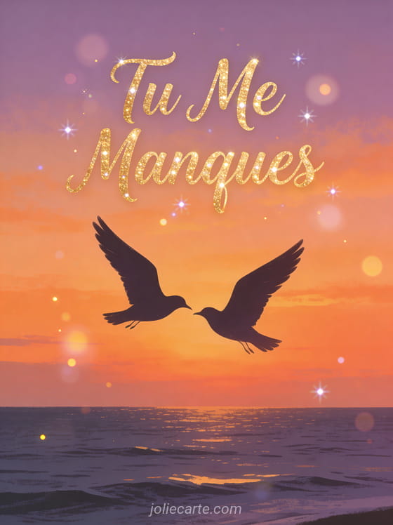 Coucher de soleil sur l'océan avec deux oiseaux en silhouette et le texte Tu Me Manques