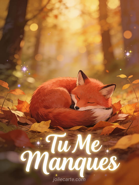 Renard roux endormi sur des feuilles d'automne dorées avec le texte Tu Me Manques