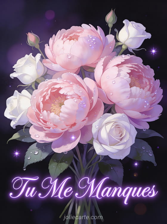Bouquet de pivoines roses et roses blanches avec gouttes de rosée et le texte Tu Me Manques