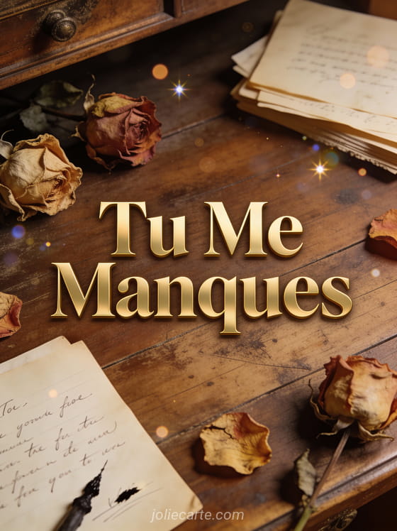 Lettres d'amour anciennes et roses séchées sur un bureau en bois avec le texte Tu Me Manques