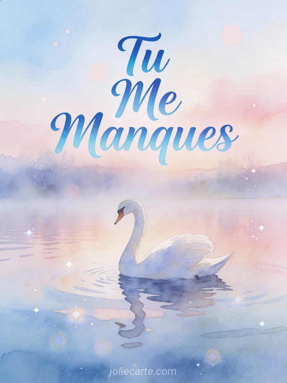 Cygne blanc solitaire sur un lac brumeux à l'aube avec le texte Tu Me Manques
