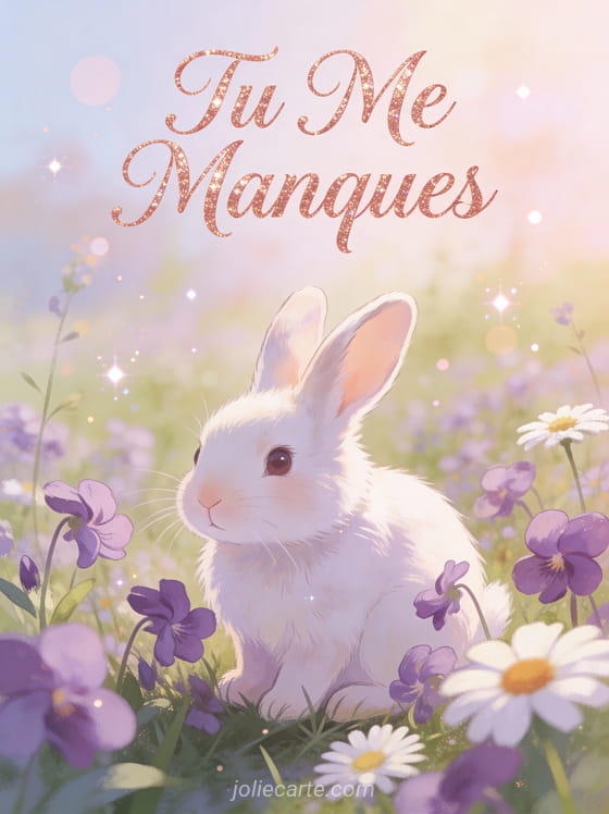 Lapin blanc dans une prairie de violettes et marguerites avec le texte Tu Me Manques