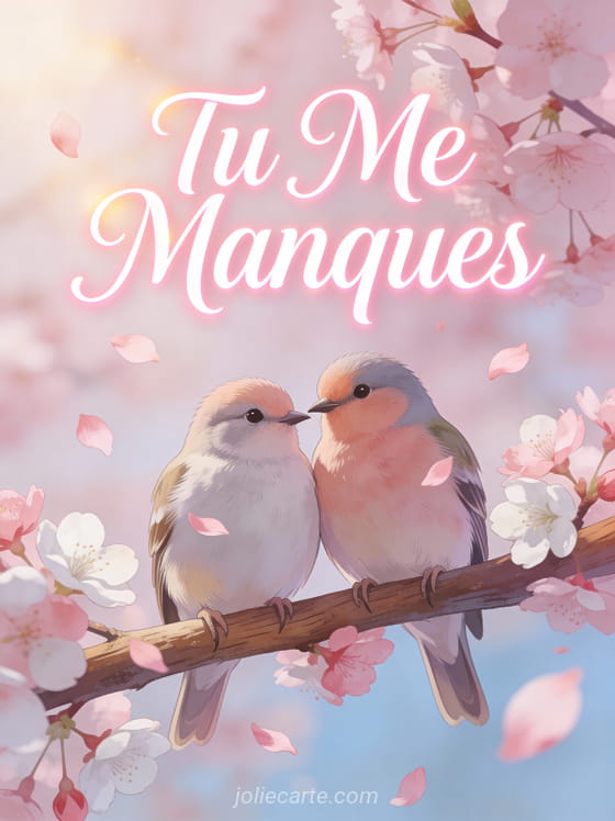 Deux oiseaux amoureux sur une branche de cerisier en fleurs avec le texte Tu Me Manques