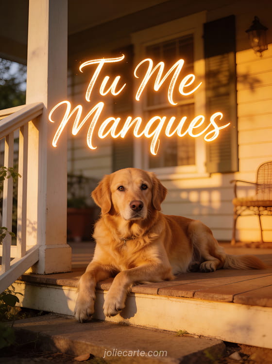 Golden retriever au regard tendre couché sur un porche avec le texte Tu Me Manques