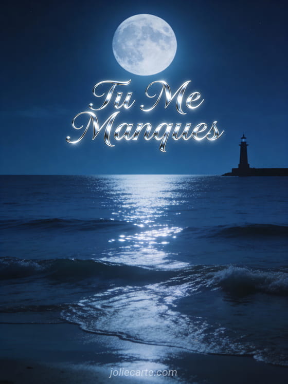 Pleine lune au-dessus de la mer calme avec silhouette de phare et le texte Tu Me Manques