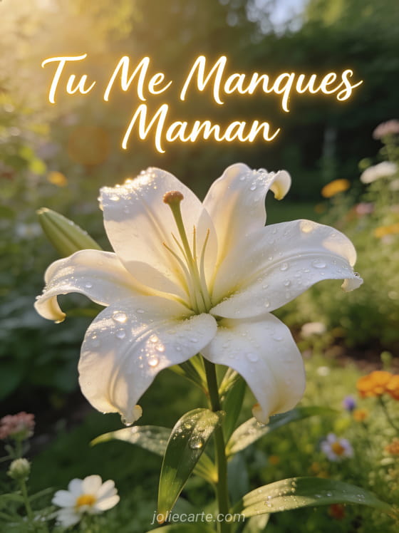 Lys blanc avec rosée matinale dans un jardin paisible avec le texte Tu Me Manques Maman