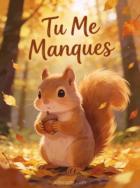 Écureuil tenant un gland contre sa poitrine dans une forêt automnale avec le texte Tu Me Manques
