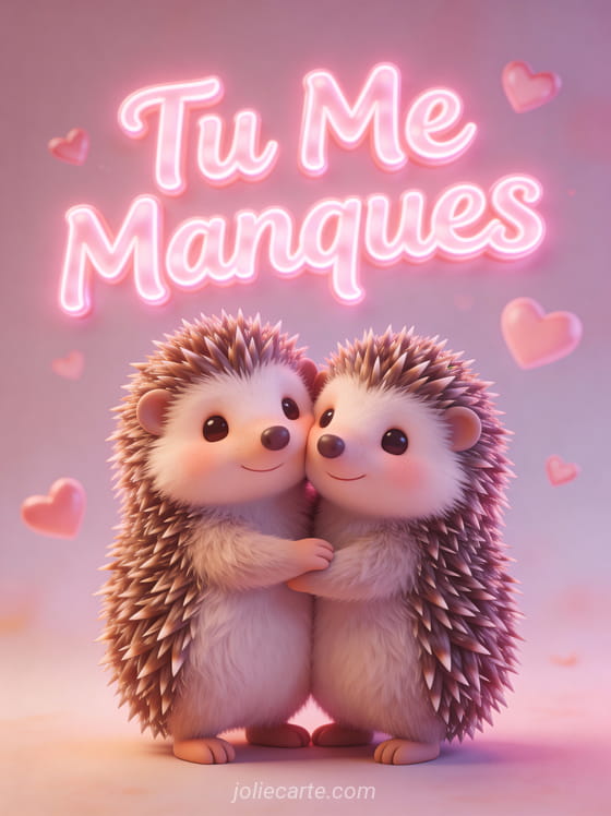 Couple de hérissons cartoon câlins avec cœurs flottants et le texte Tu Me Manques