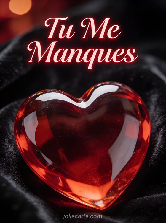 Cœur en verre rouge sur velours noir avec reflets élégants et le texte Tu Me Manques
