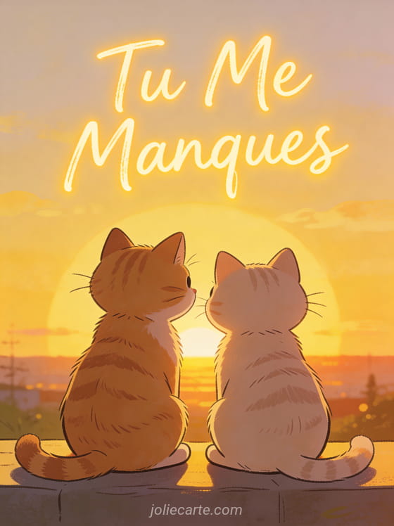 Deux chats cartoon assis côte à côte regardant le coucher de soleil avec le texte Tu Me Manques