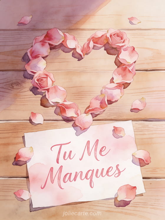 Pétales de rose formant un cœur sur une surface en bois avec le texte Tu Me Manques