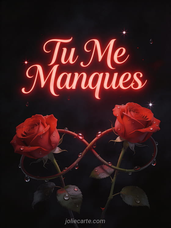 Deux roses rouges entrelacées avec gouttes de rosée sur fond sombre avec le texte Tu Me Manques
