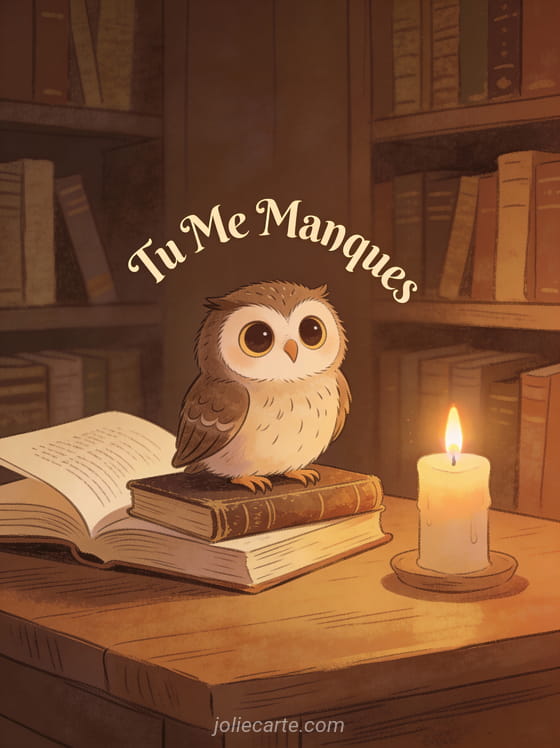 Chouette aux grands yeux curieux perchée sur un vieux livre à la lueur des bougies avec le texte Tu Me Manques