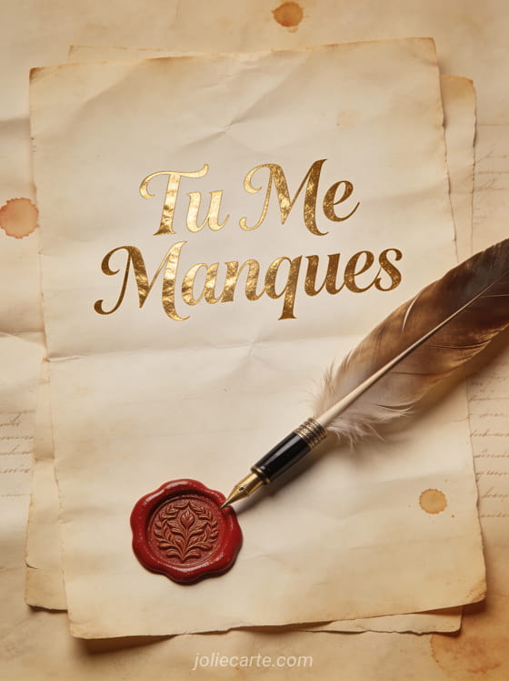 Parchemin ancien avec sceau de cire rouge et plume d'oie avec le texte Tu Me Manques en calligraphie