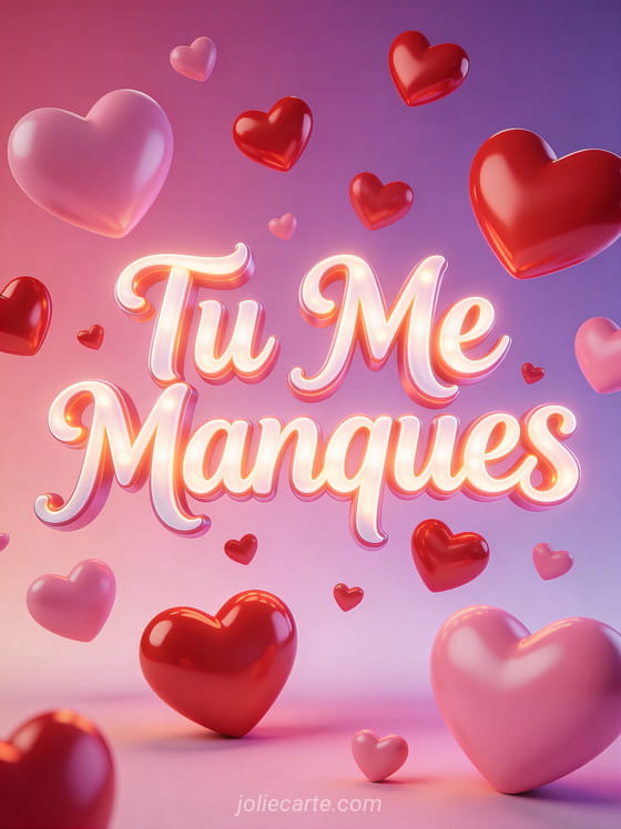 Cœurs 3D roses et rouges flottant sur fond dégradé avec le texte Tu Me Manques