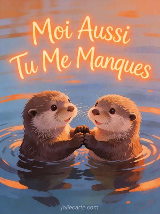 Deux loutres adorables se tenant par la patte dans l'eau avec le texte Moi Aussi Tu Me Manques