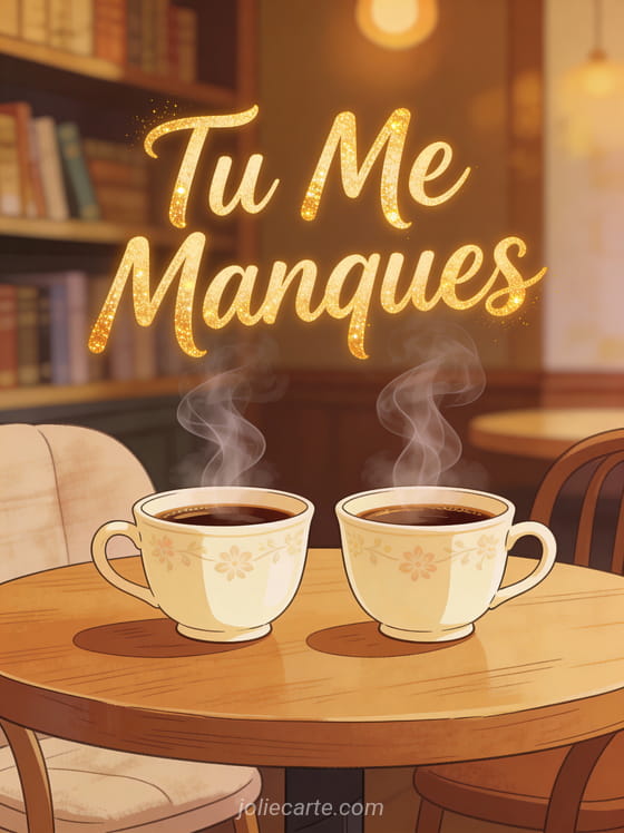 Deux tasses de café fumant côte à côte dans une ambiance chaleureuse avec le texte Tu Me Manques