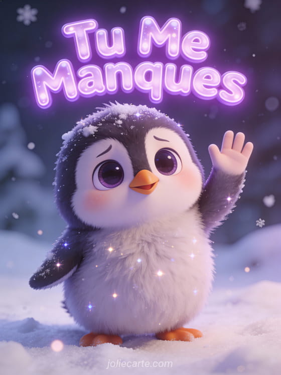 Pingouin cartoon aux grands yeux tristes faisant un signe d'au revoir dans la neige avec le texte Tu Me Manques