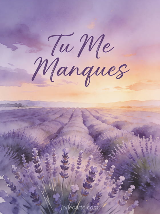 Champ de lavande violet s'étirant vers l'horizon sous un ciel de coucher de soleil avec le texte Tu Me Manques