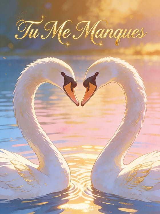 Deux cygnes formant un cœur sur un lac paisible à l'heure dorée avec le texte Tu Me Manques