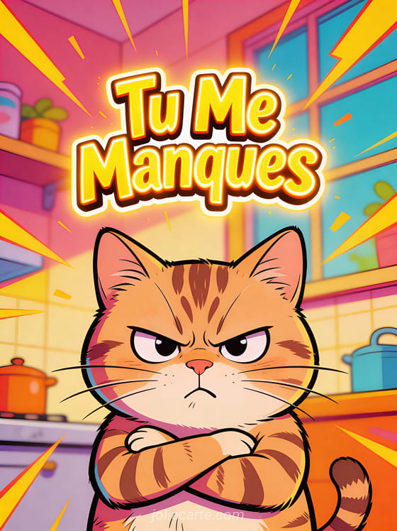 Chat cartoon grognon aux bras croisés avec expression dramatique et le texte Tu Me Manques