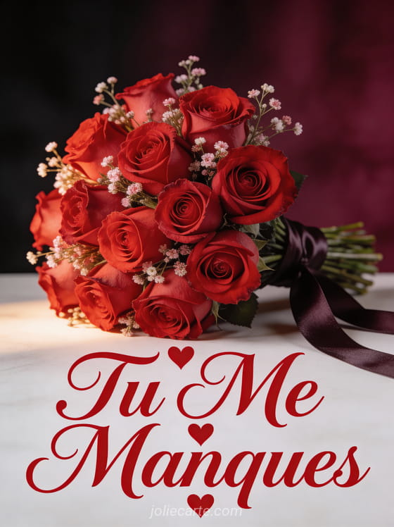 Bouquet de roses rouges avec gypsophile sur fond sombre élégant avec le texte Tu Me Manques