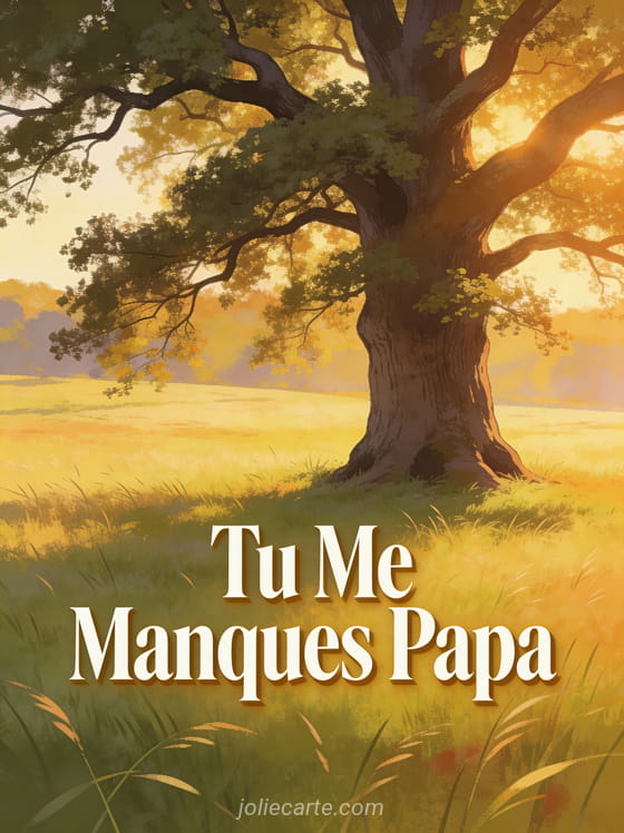 Vieux chêne majestueux dans une prairie paisible avec lumière dorée et le texte Tu Me Manques Papa