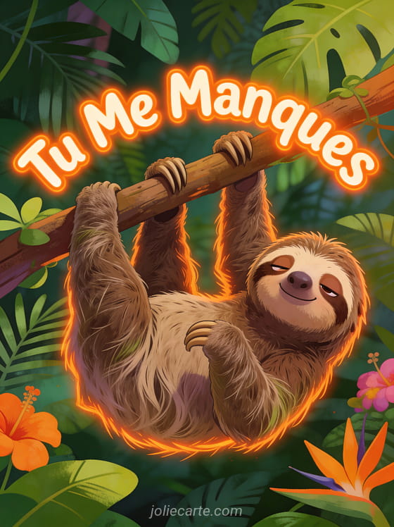 Paresseux suspendu la tête en bas avec expression rigolote dans la jungle avec le texte Tu Me Manques