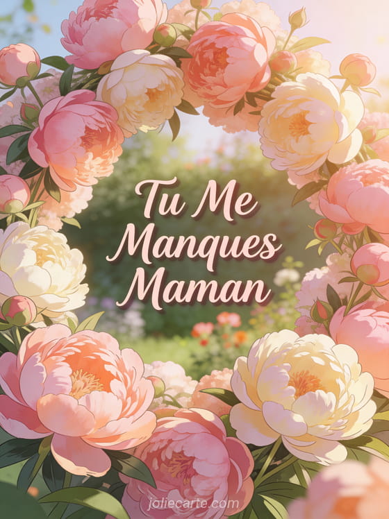 Bouquet de pivoines roses et crème dans un jardin avec le texte Tu Me Manques Maman