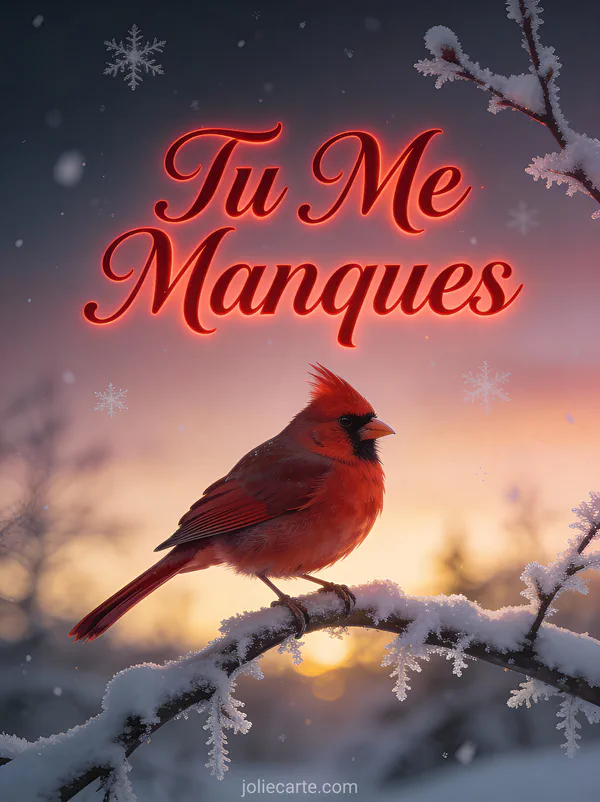 Cardinal rouge perché sur une branche enneigée au crépuscule avec le texte Tu Me Manques