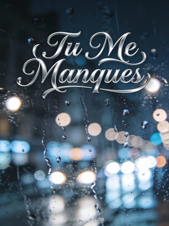 Gouttes de pluie sur une vitre avec lumières de ville floues en arrière-plan et le texte Tu Me Manques