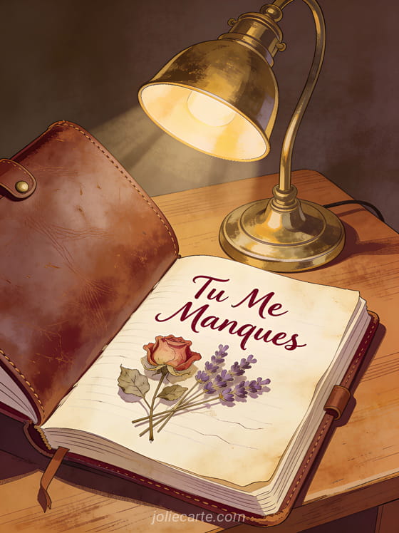 Journal en cuir vintage avec fleurs pressées sous la lumière d'une lampe ancienne avec le texte Tu Me Manques