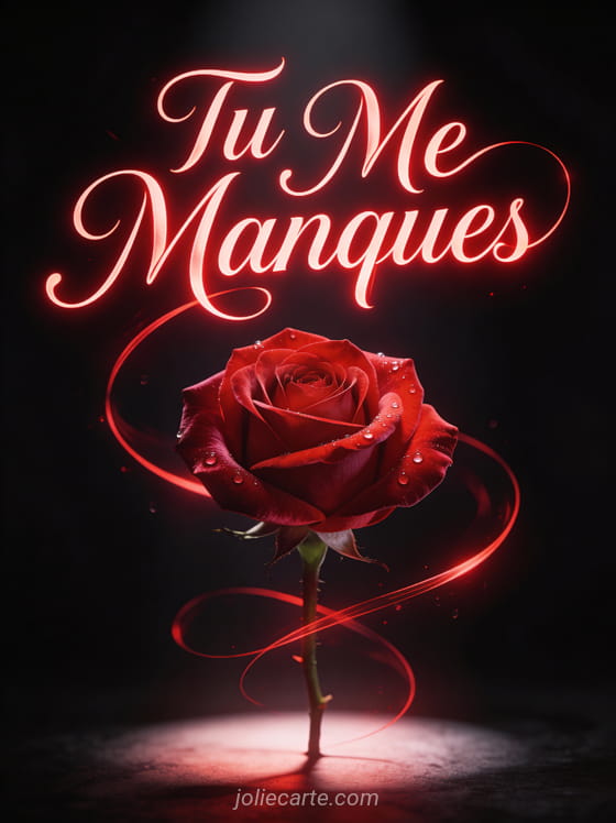 Rose rouge parfaite avec gouttes de rosée sur fond sombre dramatique avec le texte Tu Me Manques