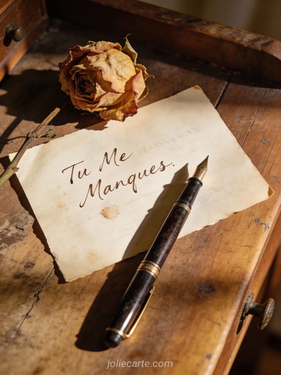 Lettre d'amour ancienne avec stylo plume et rose séchée sur bureau en bois avec le texte Tu Me Manques