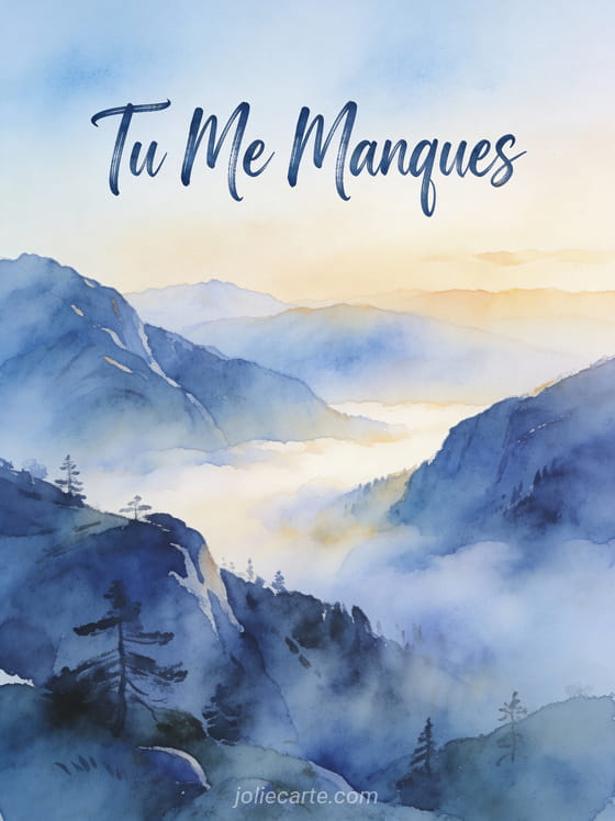 Montagnes brumeuses à l'aube avec vallée dans le brouillard et le texte Tu Me Manques