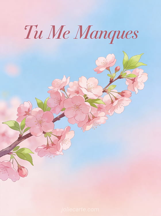Branche de cerisier en fleurs roses contre ciel bleu doux avec le texte Tu Me Manques
