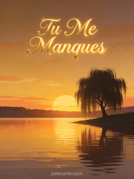 Silhouette de saule pleureur au bord d'un lac au coucher du soleil avec le texte Tu Me Manques