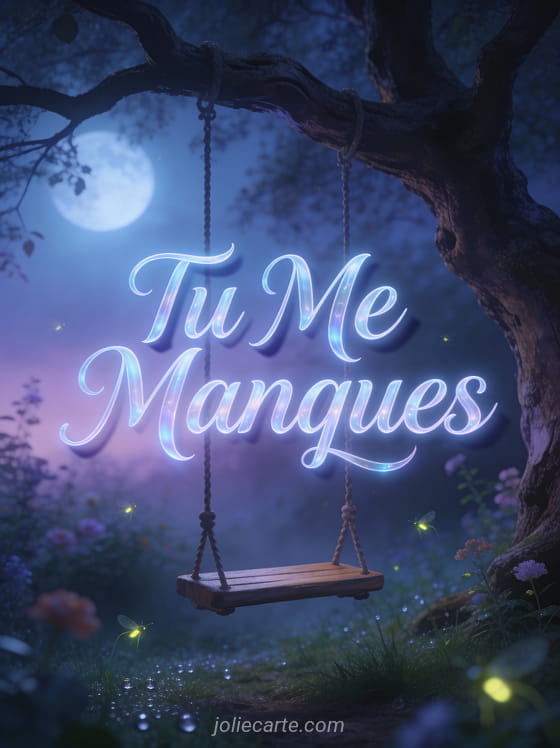 Balançoire vide suspendue à un vieil arbre dans un jardin brumeux avec le texte Tu Me Manques