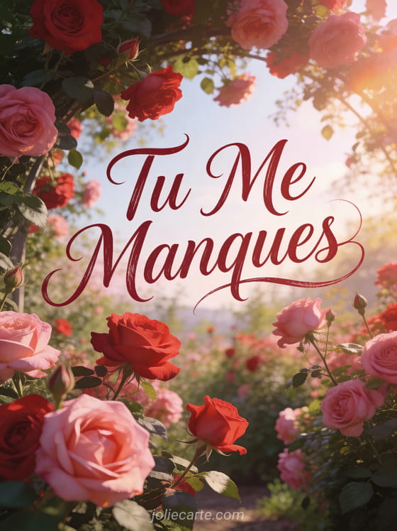 Jardin de roses rouges et roses en pleine floraison avec lumière matinale et le texte Tu Me Manques