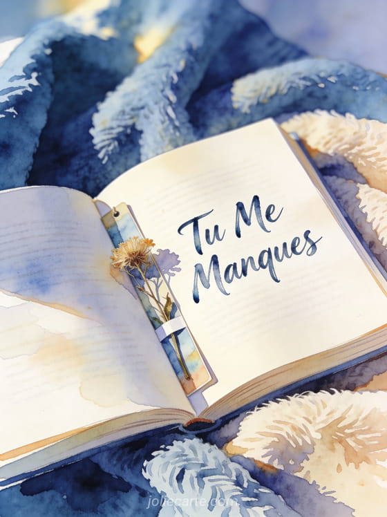 Livre de poésie ouvert avec fleurs sauvages séchées sur couverture douce et le texte Tu Me Manques