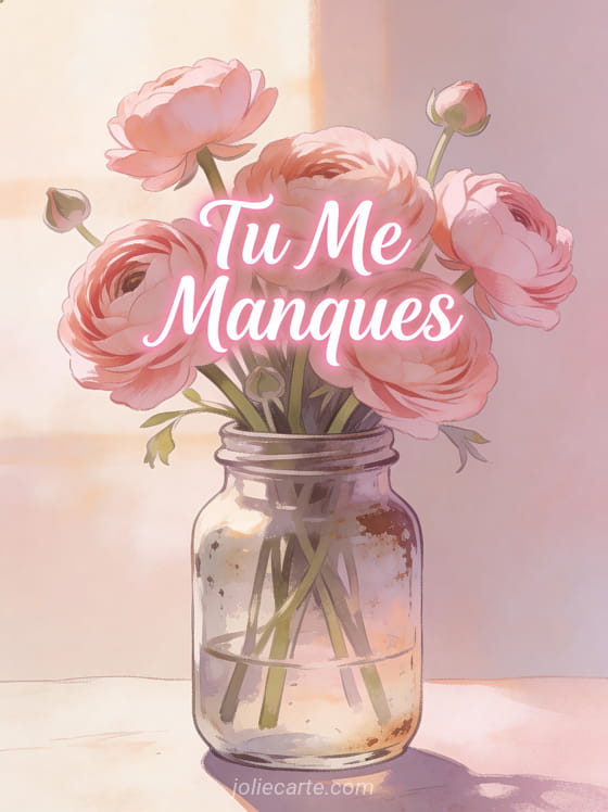 Renoncules roses dans un bocal vintage avec lumière douce et le texte Tu Me Manques