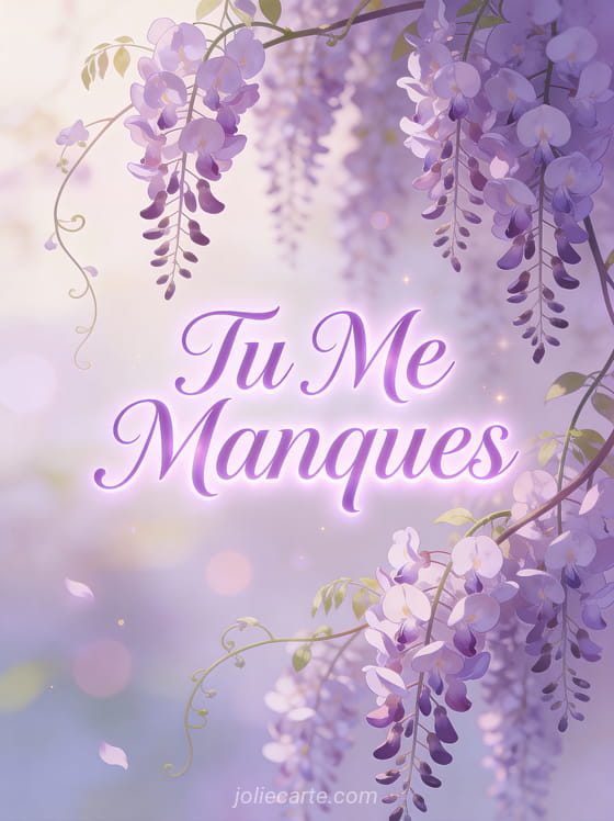 Glycine en cascades aux tons lavande et violet avec le texte Tu Me Manques